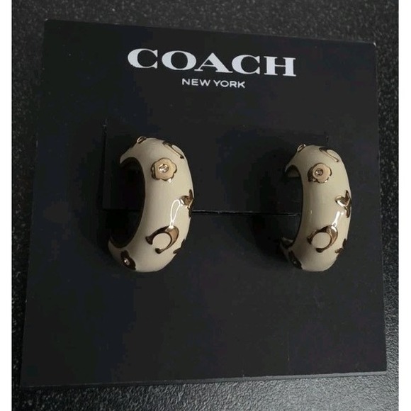 NEW Coach Enamel Signature Floral Huggie Earrings White Gold Dangle Stud - Picture 2 of 5